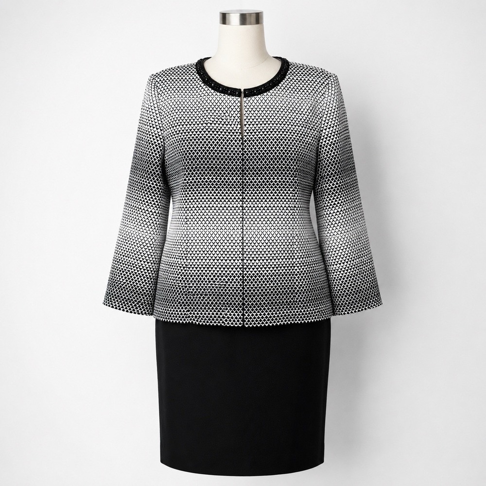 Tahari 2 Pc Skirt Suit Beaded Jacket Career Church Office Plus 16W Black White